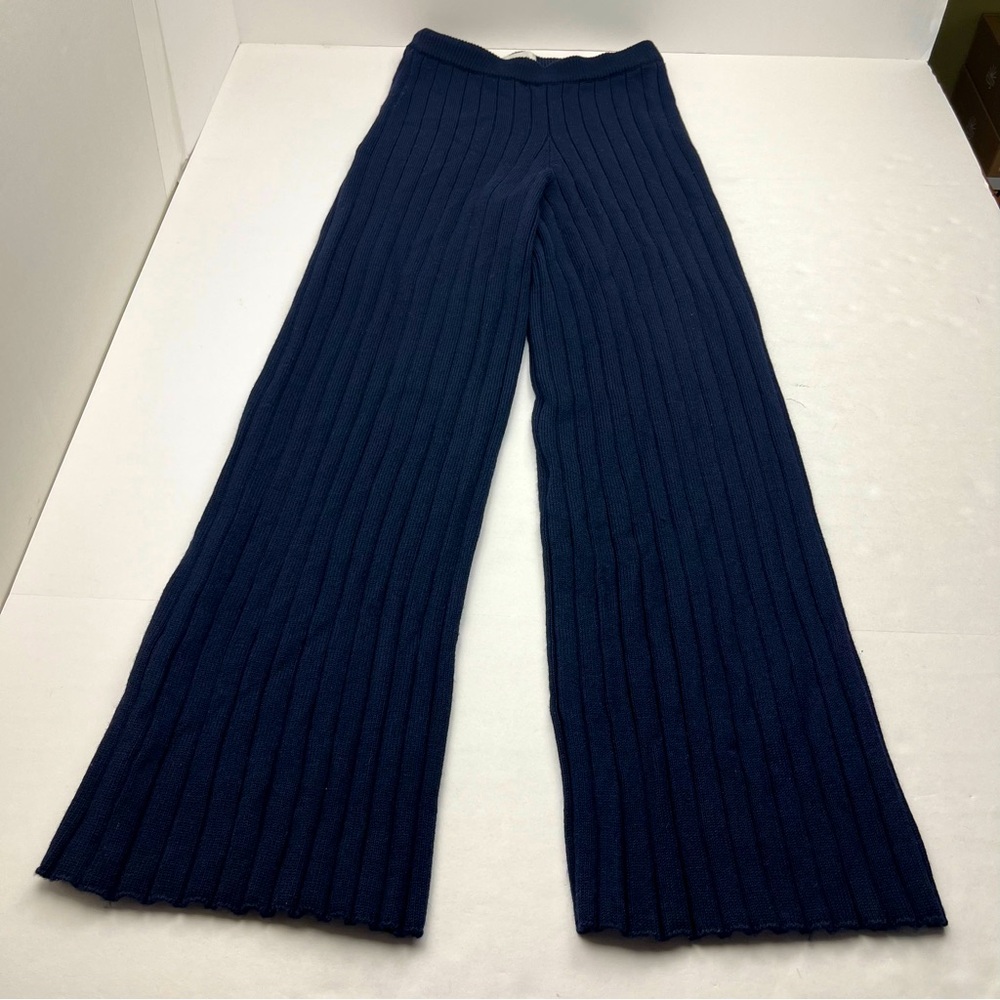 St. John Womens Knit Wide Leg Ribbed Pants Small Navy Blue 100%‎ Wool Preppy